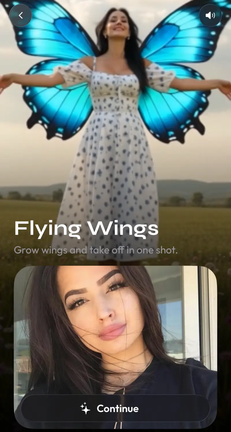 The Flying Wings effect open in the app, with a photo picked from the library and a Continue button.