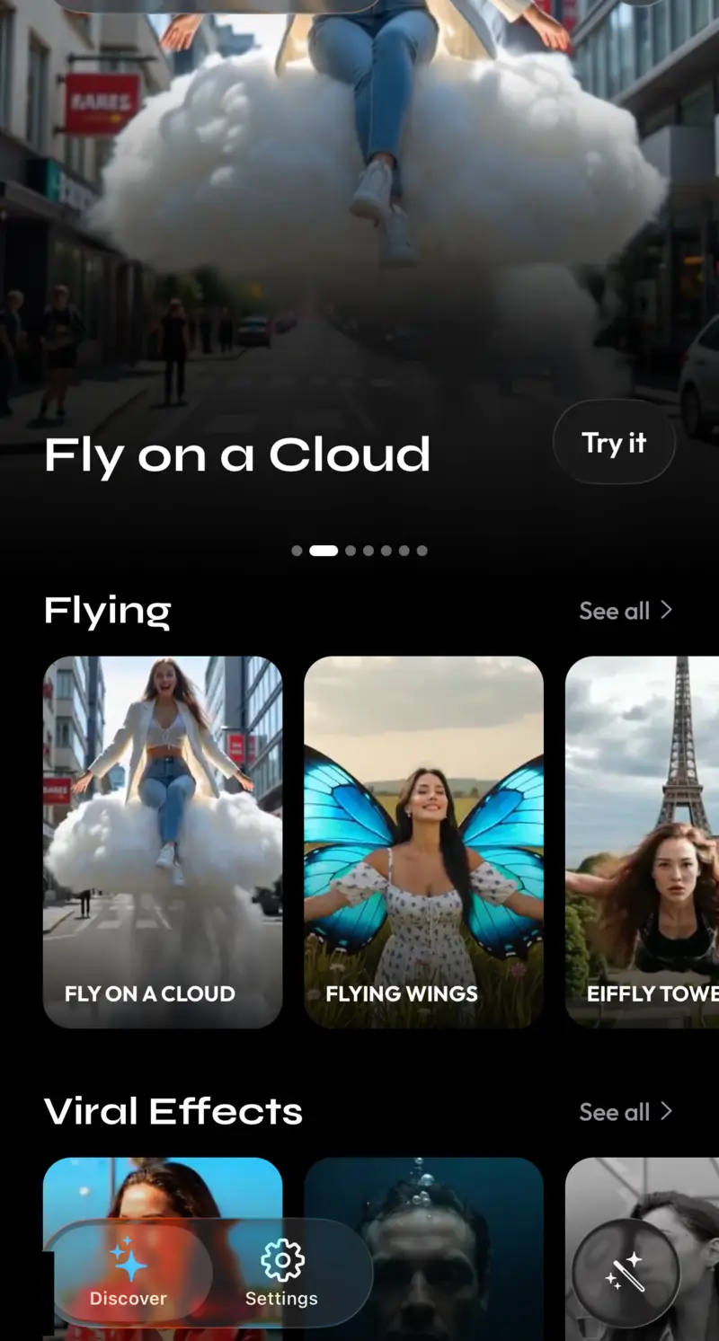 The app's Discover screen: a Fly on a Cloud preview above rails of effects grouped under Flying and Viral Effects.