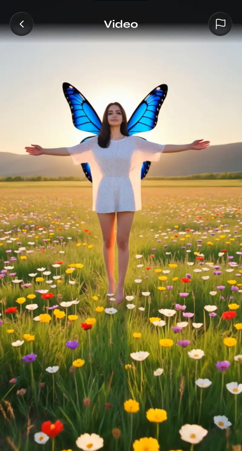 A finished video playing in the app: a person with butterfly wings standing in a meadow at sunrise.
